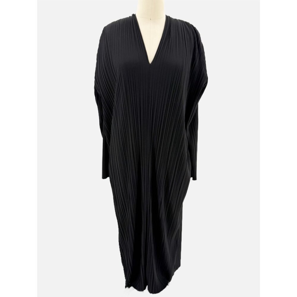MAXMARA PLEATED V NECK LONG SLEEVE BLACK DRESS M